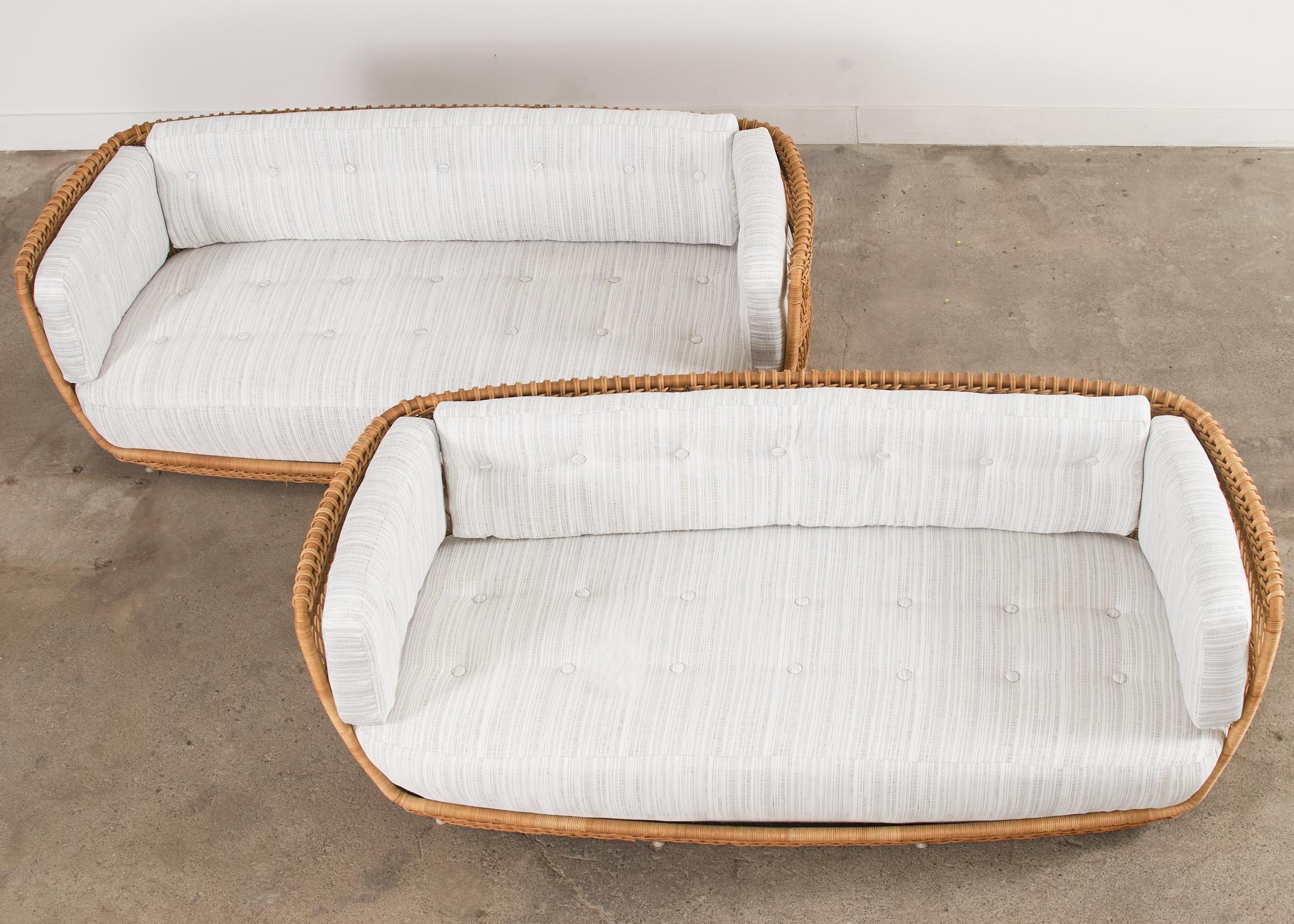 Pair of Organic Modern Rattan Wicker Basket Sofa Settees In Good Condition For Sale In Rio Vista, CA