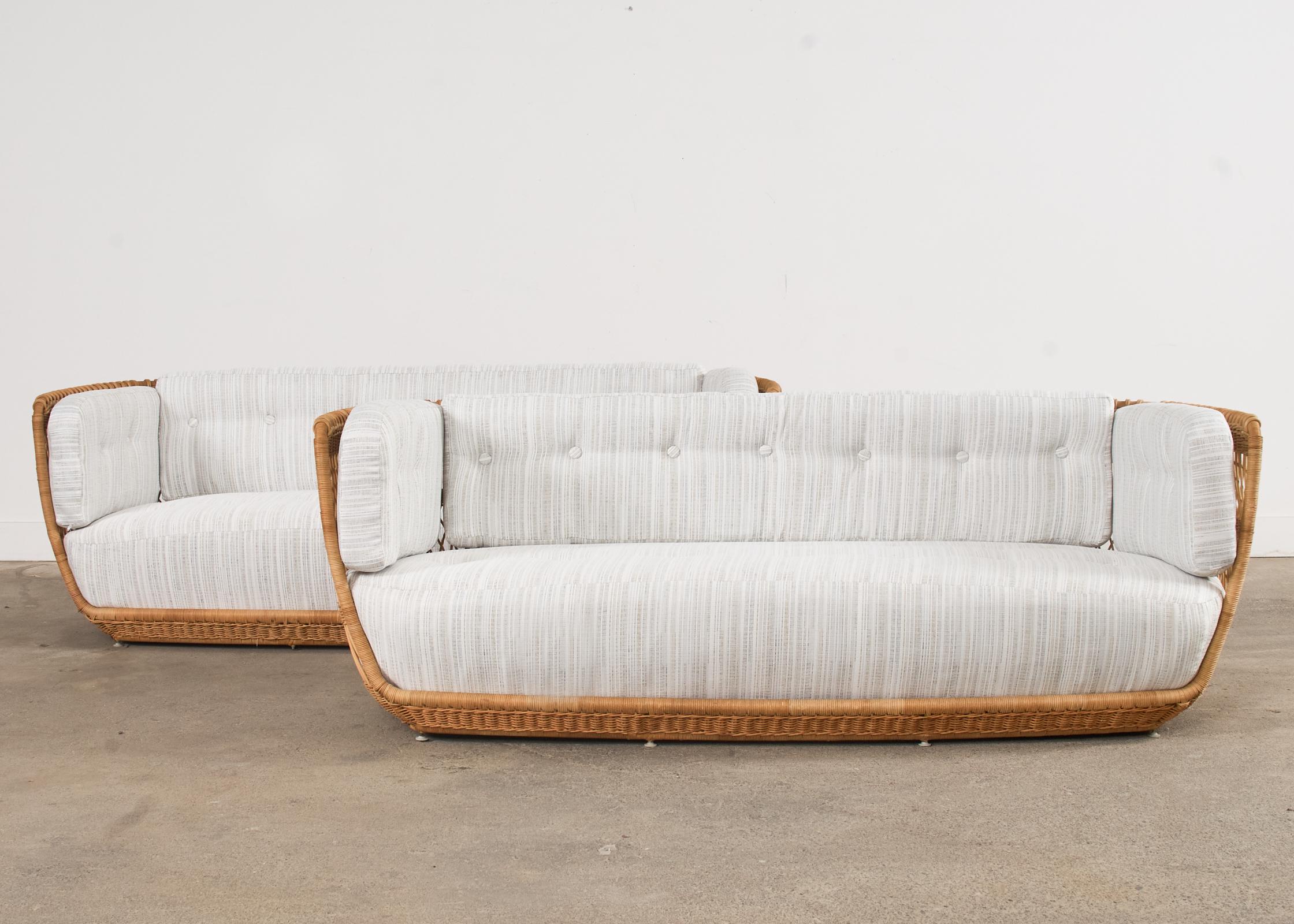 20th Century Pair of Organic Modern Rattan Wicker Basket Sofa Settees For Sale