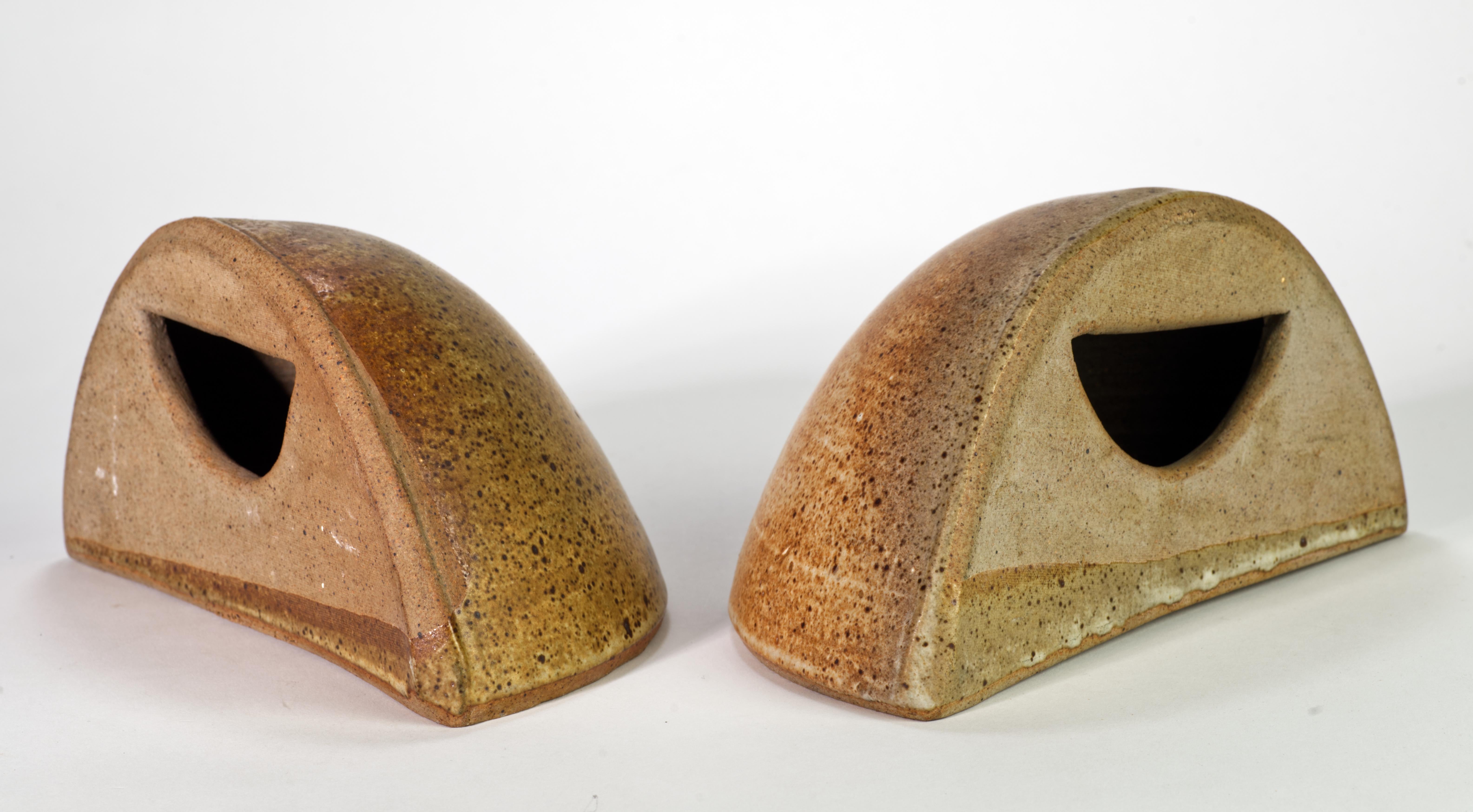 American Pair of Organic Modern Salt Glaze Mocha Brown Bookends, Art Studio Pottery For Sale