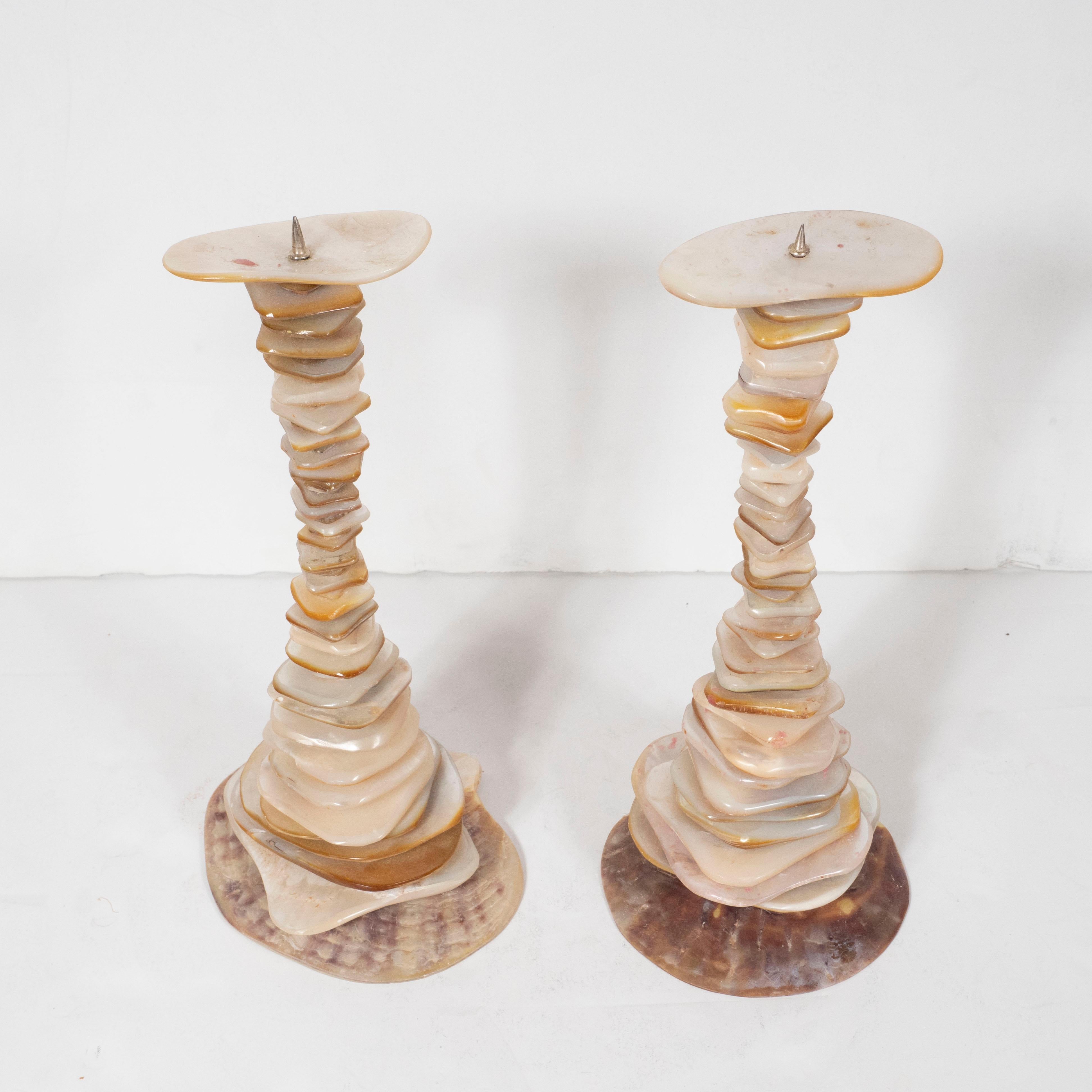 Mid-Century Modern Pair of Organic Modern Stacked Hourglass Form Abalone Candlesticks