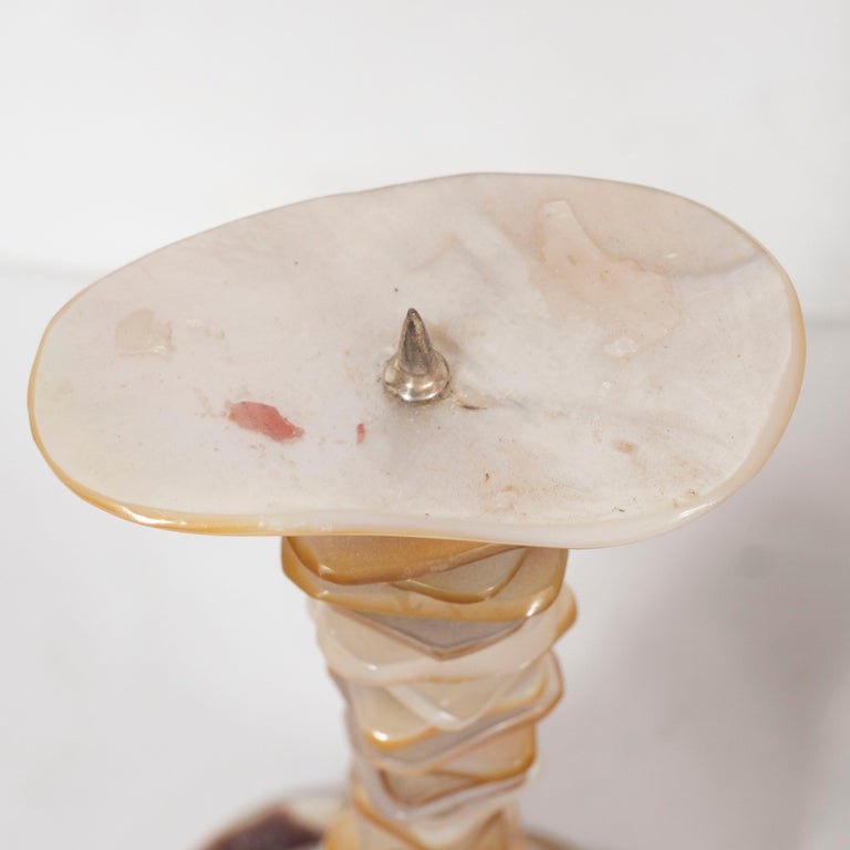 Pair of Organic Modern Stacked Hourglass Form Abalone Candlesticks For