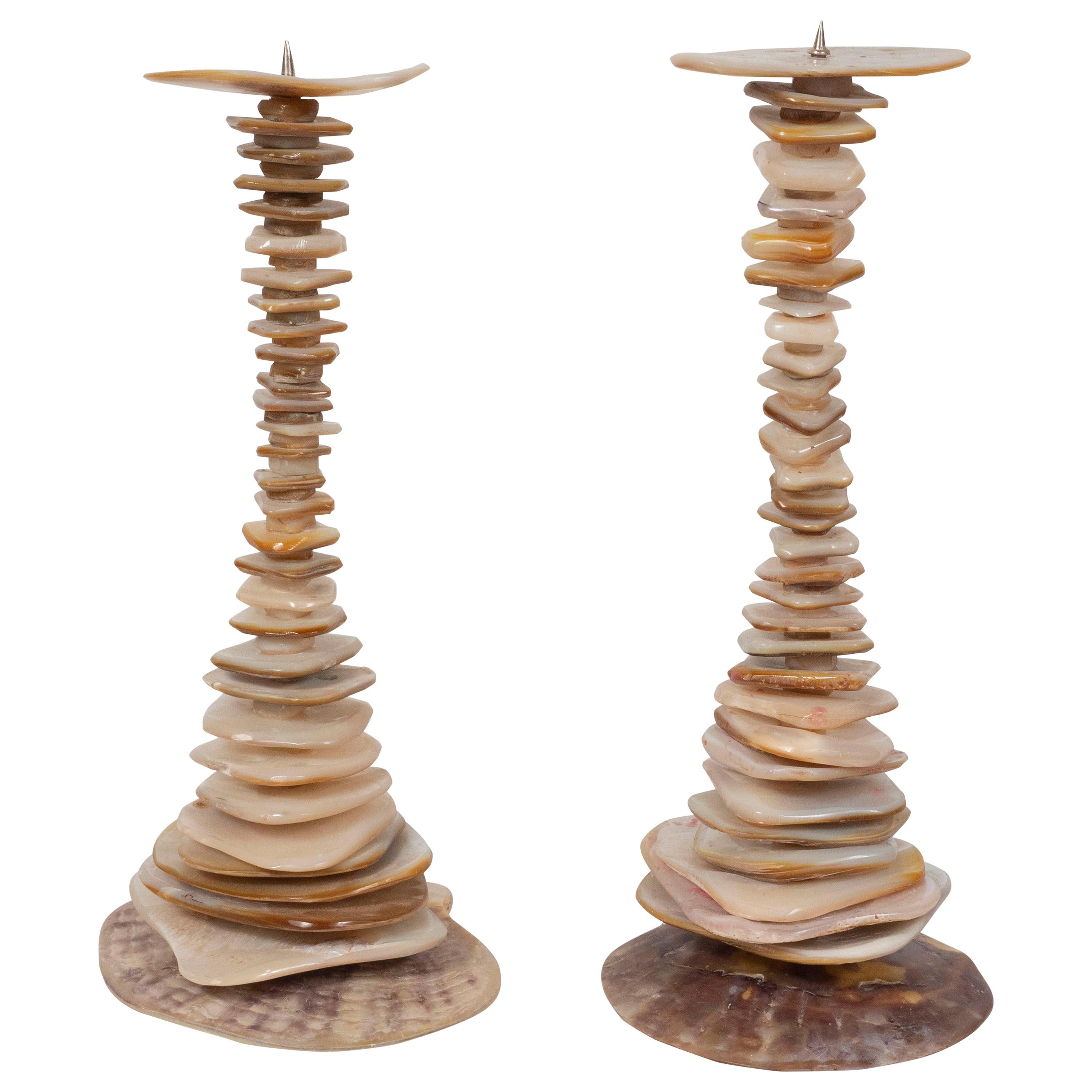 Pair of Organic Modern Stacked Hourglass Form Abalone Candlesticks