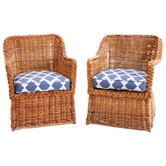 Pair of Organic Modern Woven Rattan Wicker Armchairs