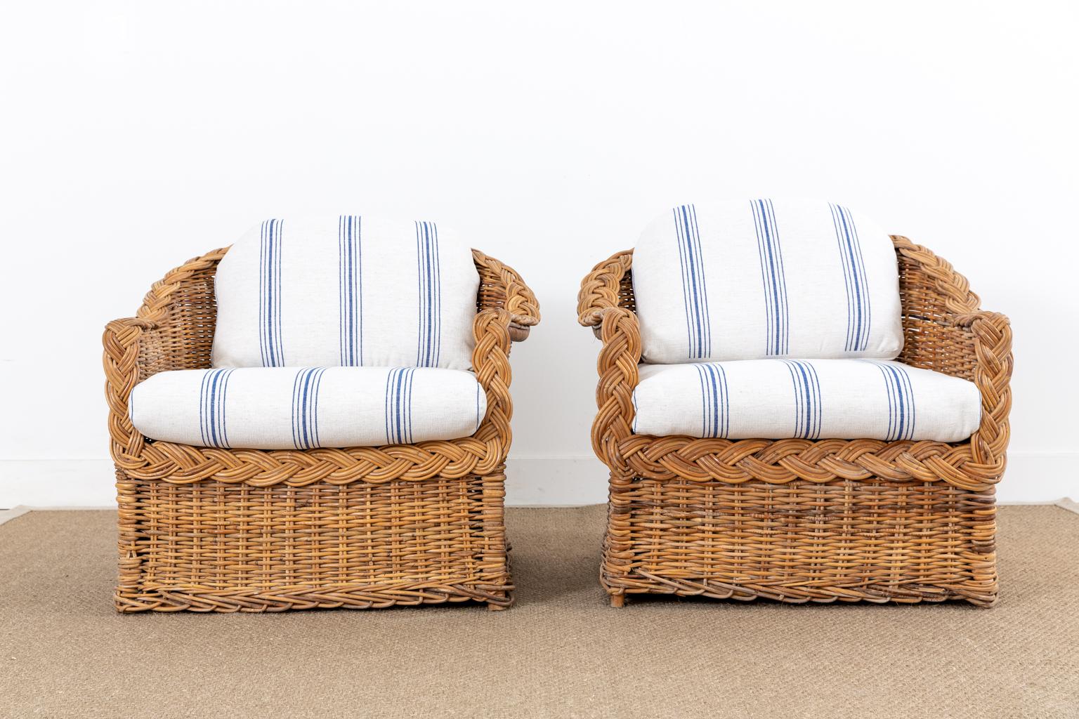 Pair of Organic Modern Woven Rattan Wicker Lounge Chairs 13