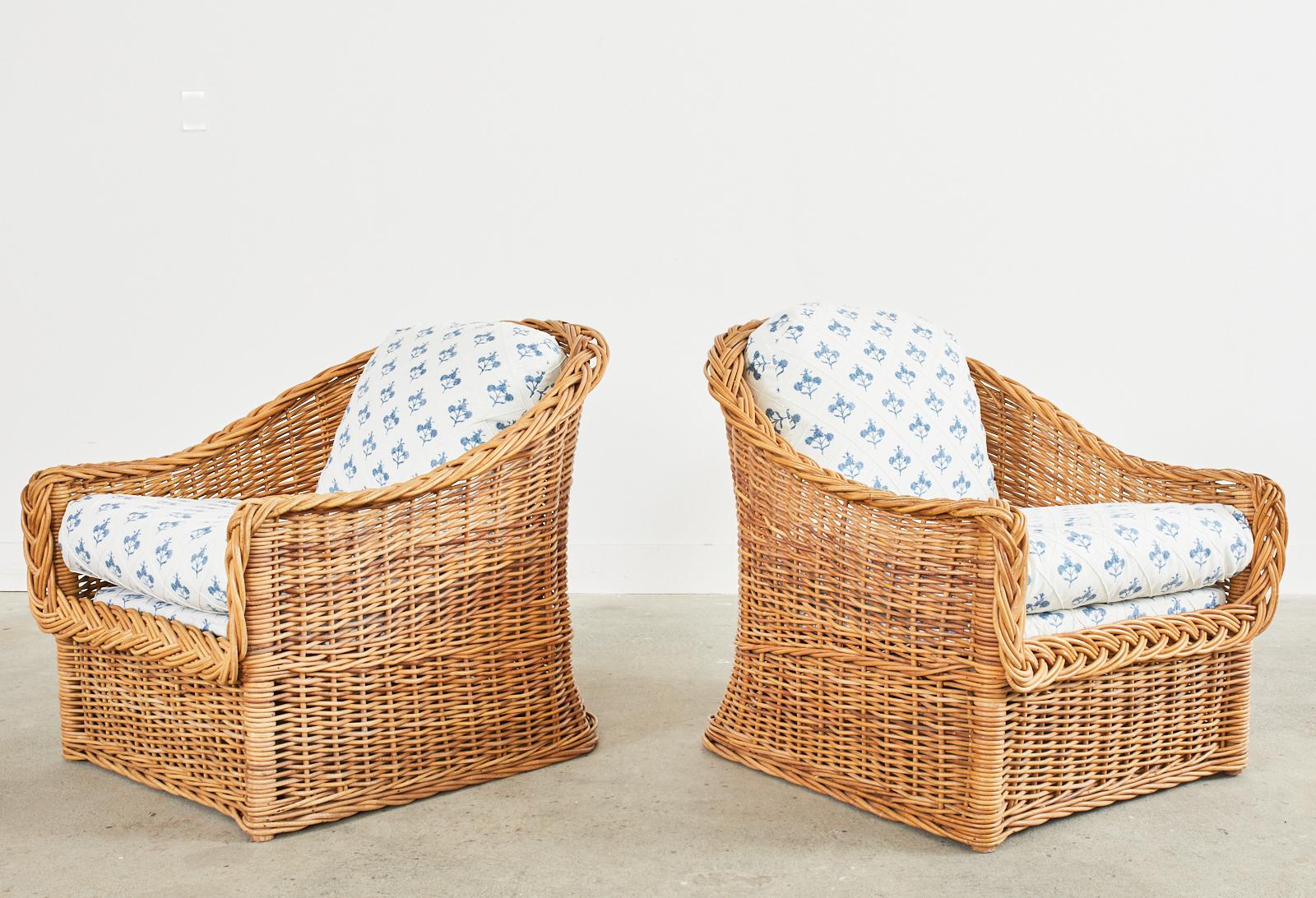 Pair of Organic Modern Woven Rattan Wicker Lounge Chairs In Good Condition In Rio Vista, CA