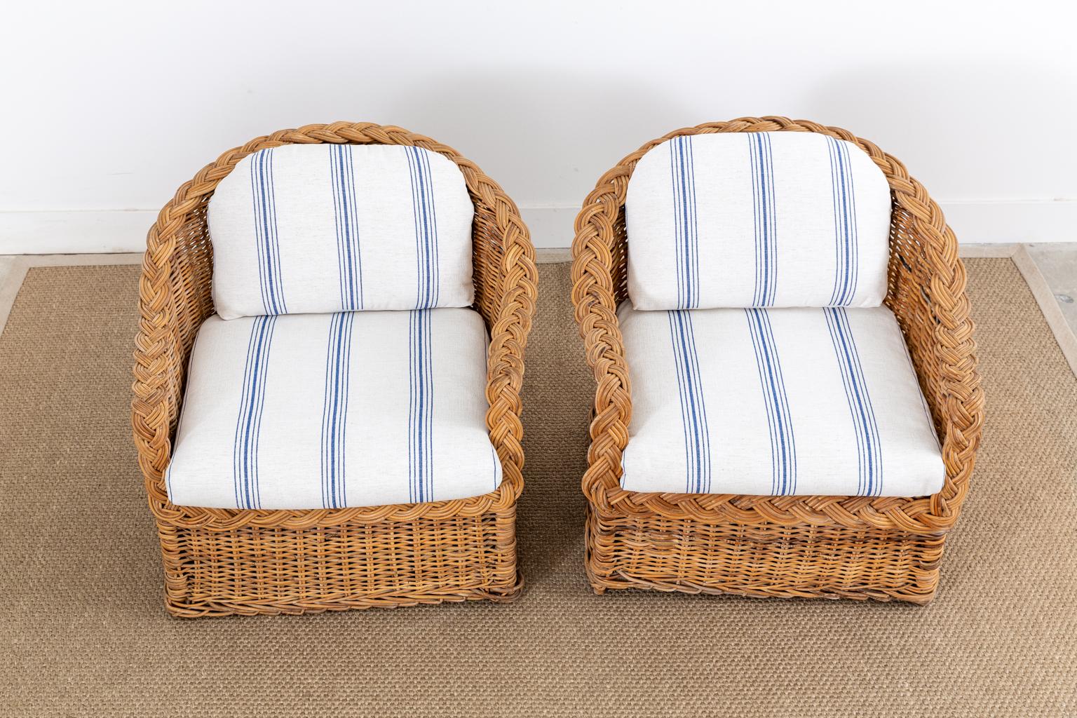 American Pair of Organic Modern Woven Rattan Wicker Lounge Chairs