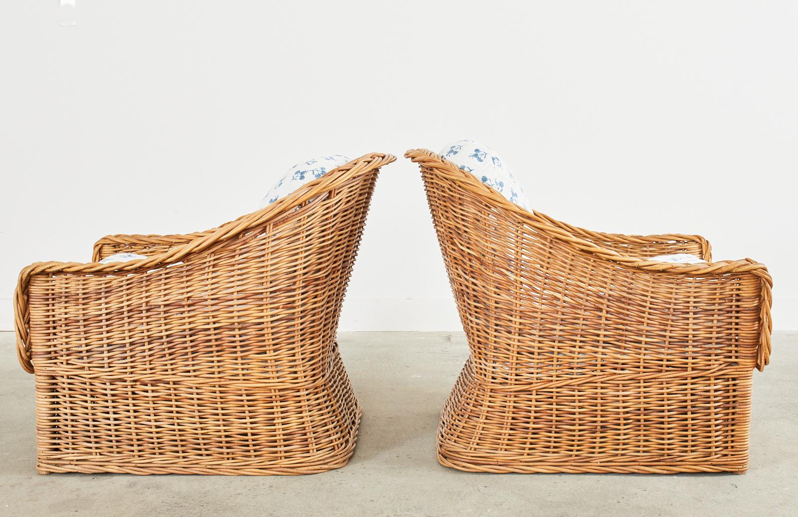 20th Century Pair of Organic Modern Woven Rattan Wicker Lounge Chairs