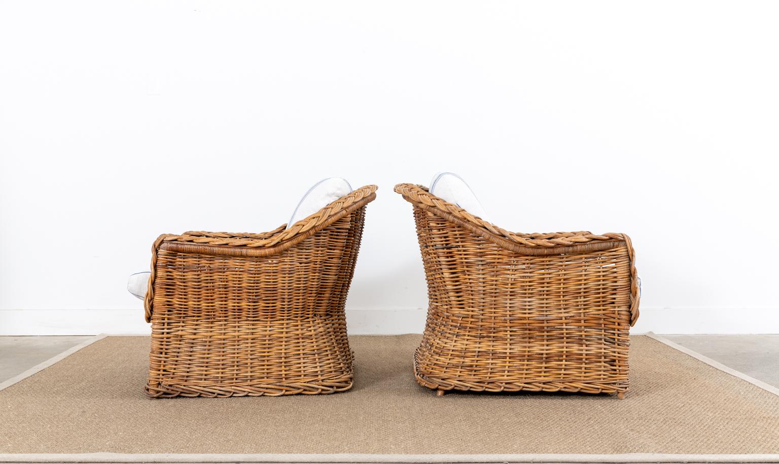 Pair of Organic Modern Woven Rattan Wicker Lounge Chairs 1
