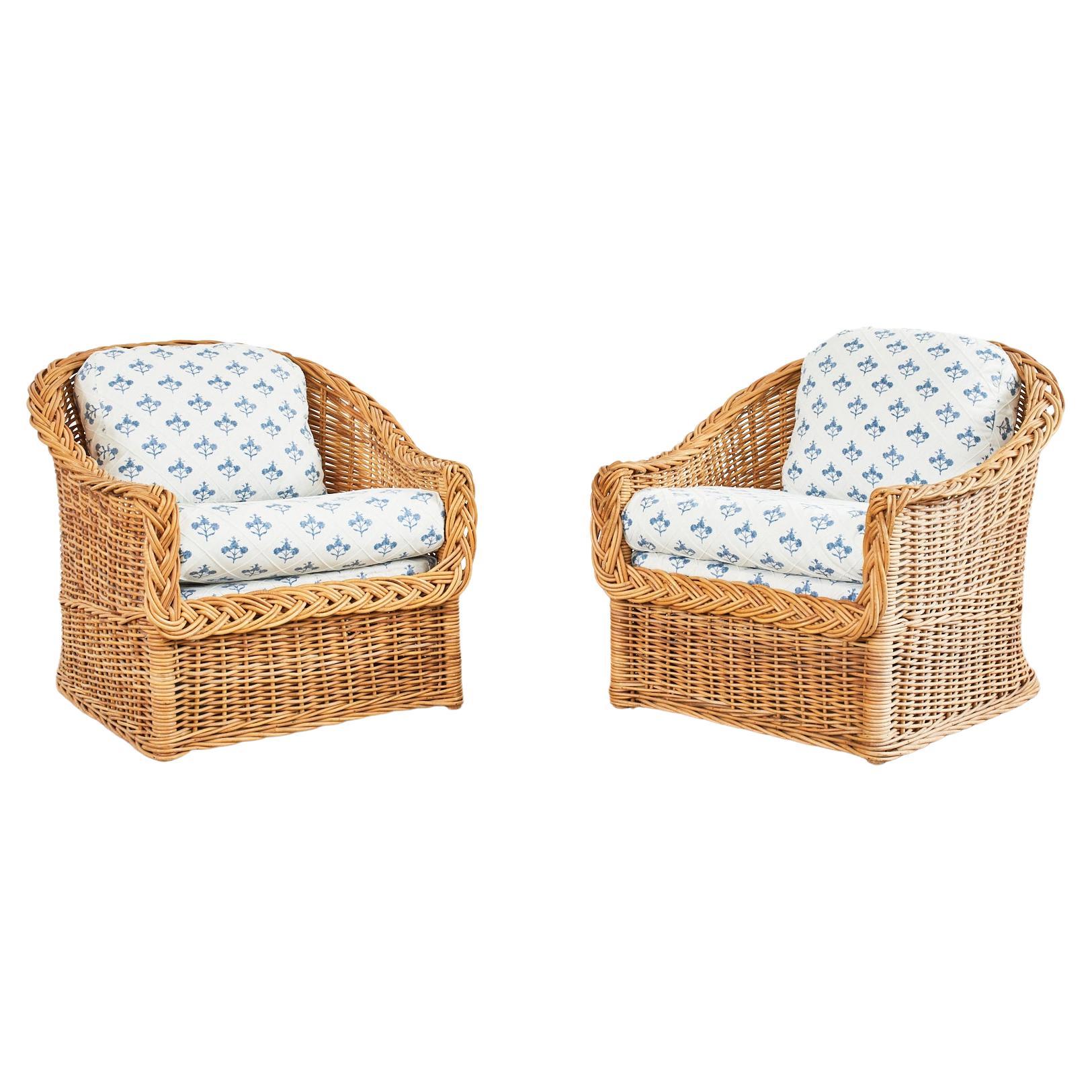 Pair of Organic Modern Woven Rattan Wicker Lounge Chairs