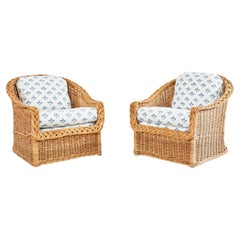 Pair of Organic Modern Woven Rattan Wicker Lounge Chairs