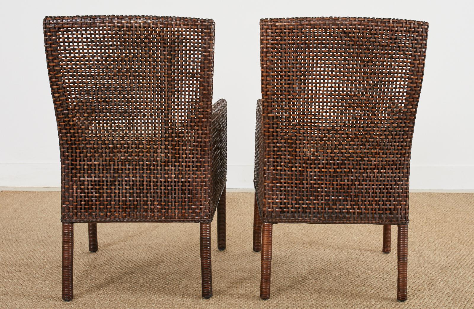 Pair of Organic Modern Woven Wicker Rattan Dining Armchairs For Sale 5