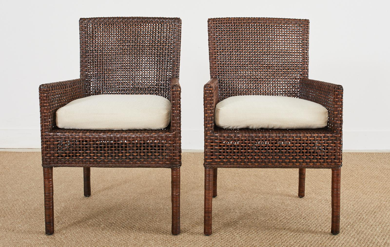 Ebonized Pair of Organic Modern Woven Wicker Rattan Dining Armchairs For Sale