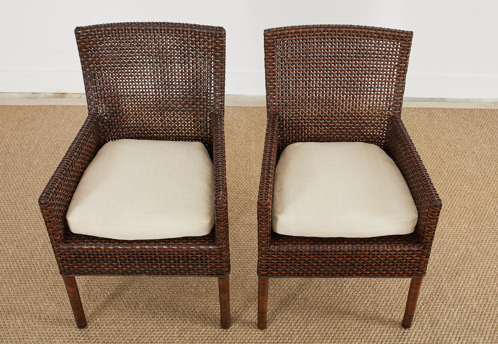 Pair of Organic Modern Woven Wicker Rattan Dining Armchairs In Good Condition For Sale In Rio Vista, CA