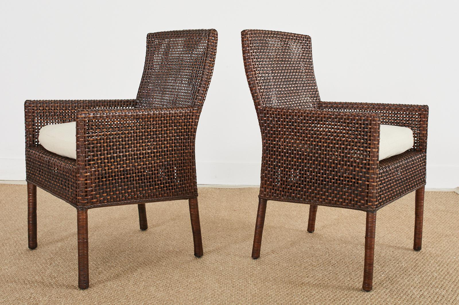 Contemporary Pair of Organic Modern Woven Wicker Rattan Dining Armchairs For Sale