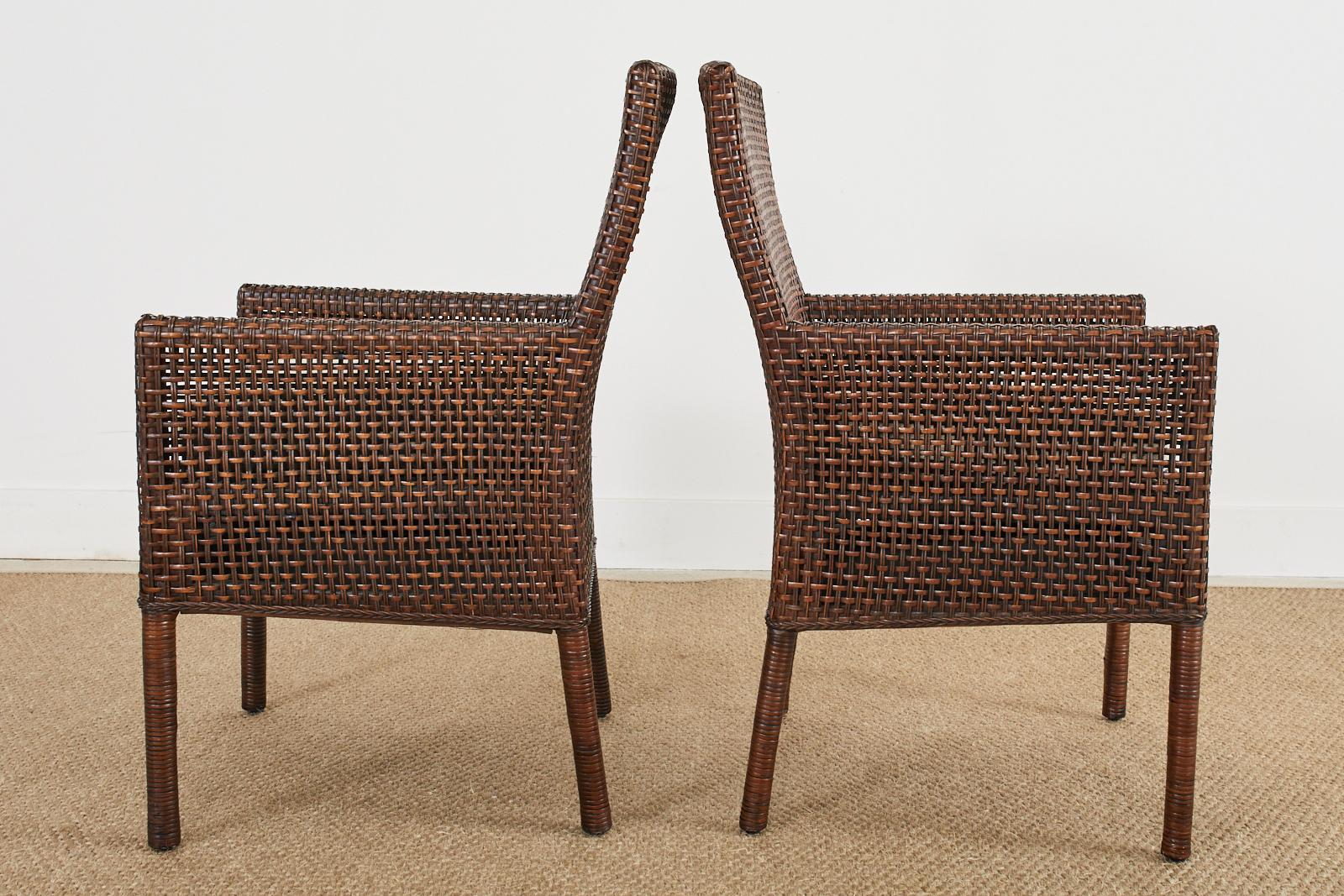 Pair of Organic Modern Woven Wicker Rattan Dining Armchairs For Sale 1