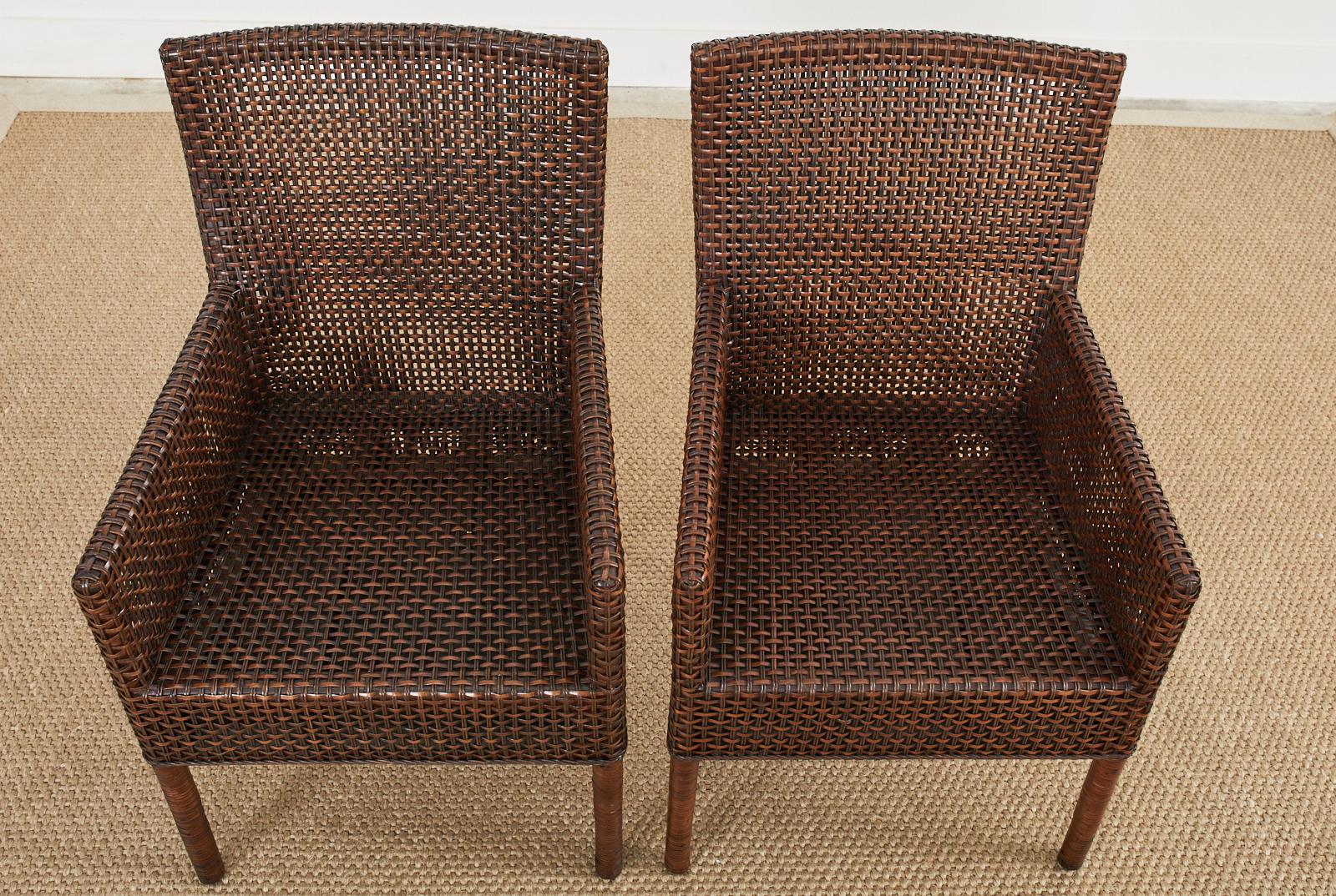 Pair of Organic Modern Woven Wicker Rattan Dining Armchairs For Sale 4