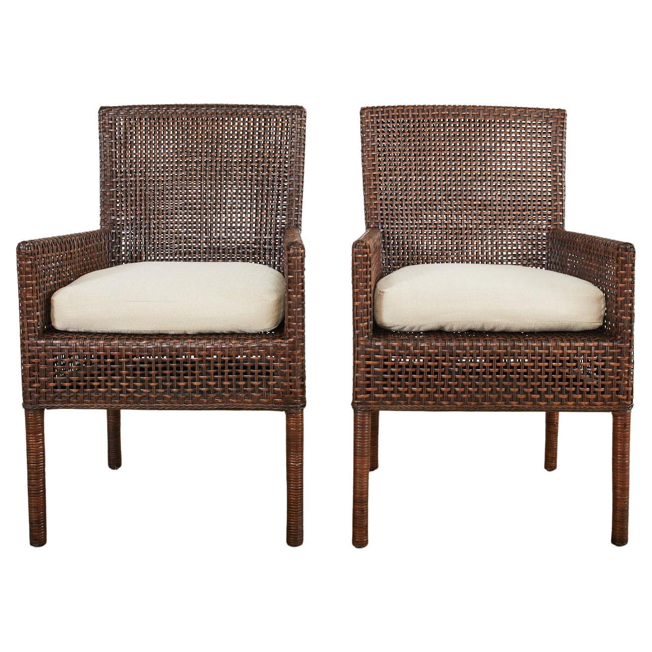 Pair of Organic Modern Woven Wicker Rattan Dining Armchairs