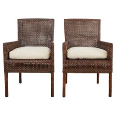 Pair of Organic Modern Woven Wicker Rattan Dining Armchairs