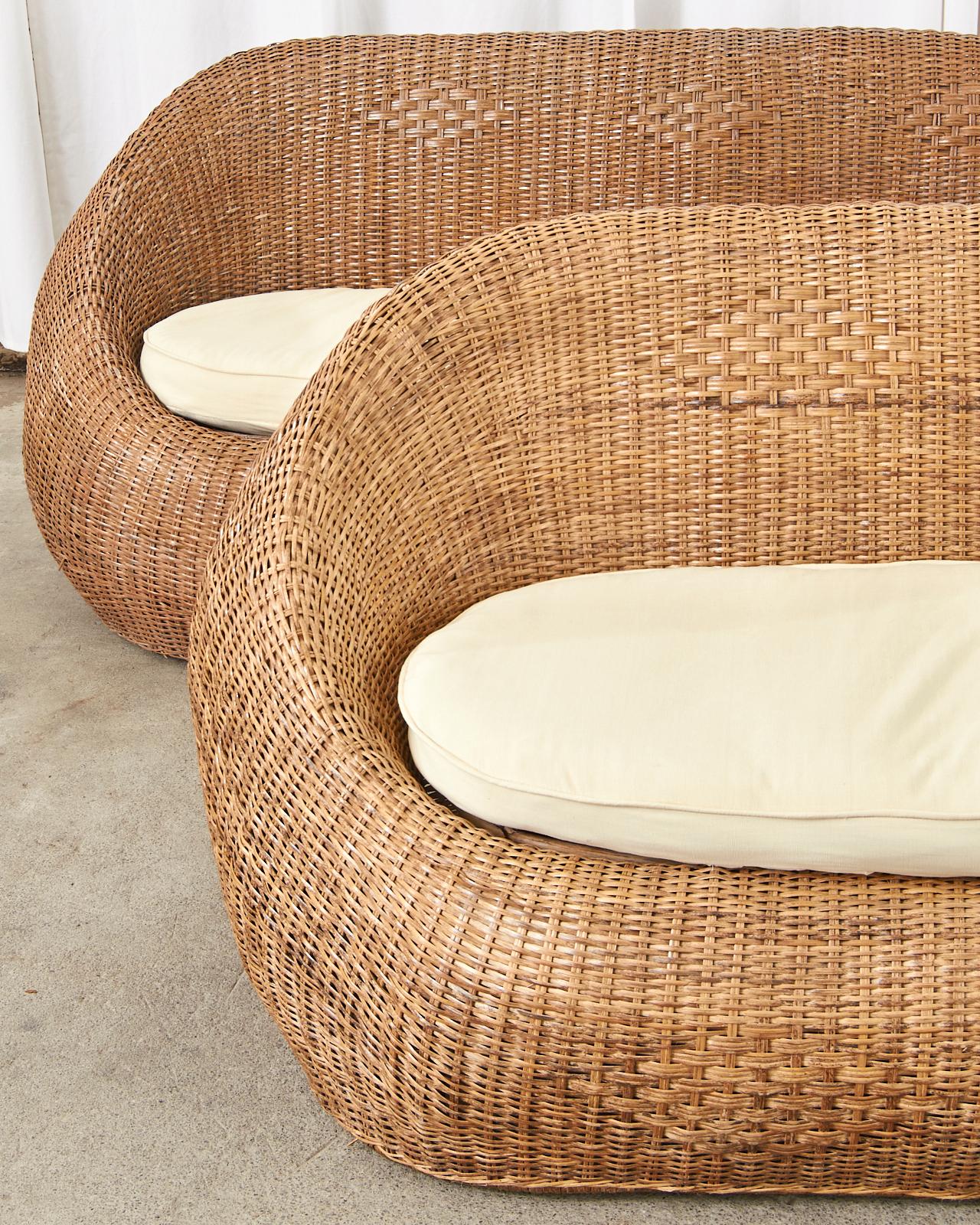 Hand-Crafted Organic Modern Woven Wicker Rattan Sofa Settees