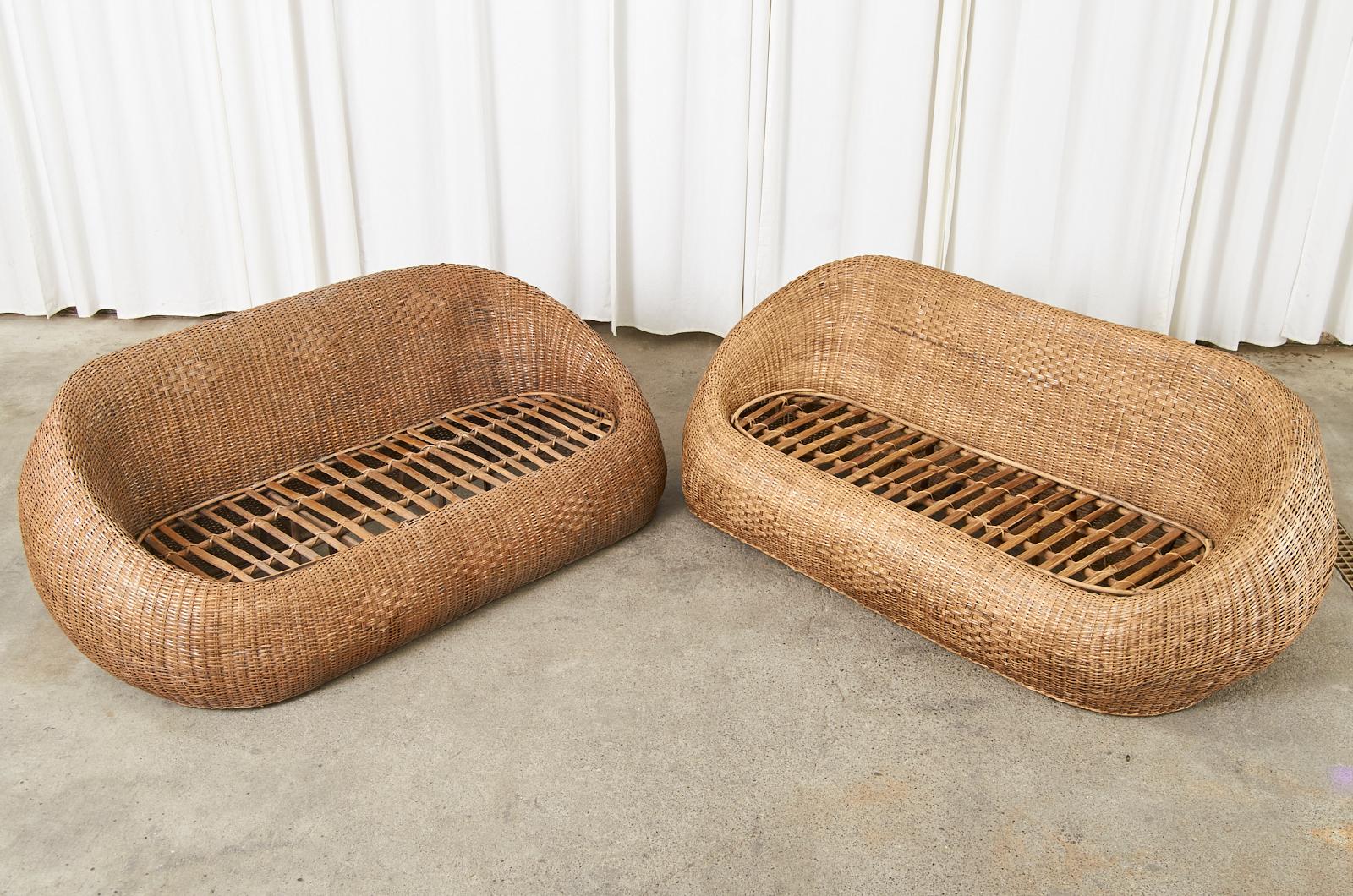 20th Century Organic Modern Woven Wicker Rattan Sofa Settees
