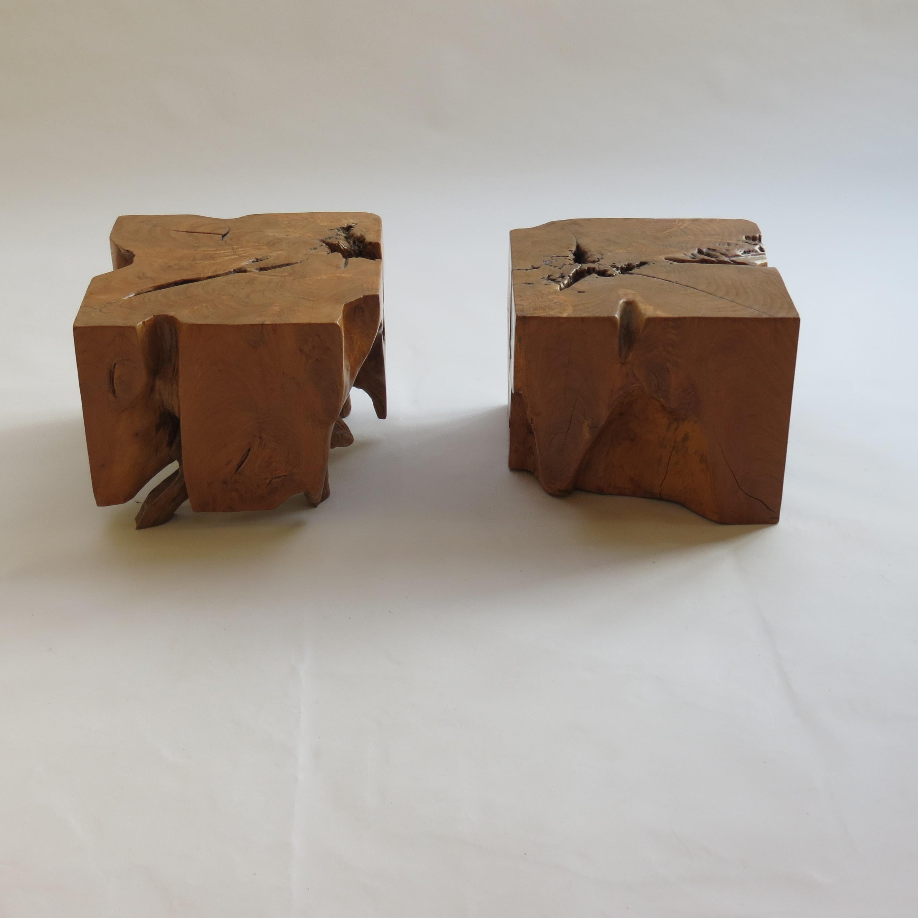 Pair of Organic Naturalistic Chunky Root Teak Cube Side Tables Nightstands 3