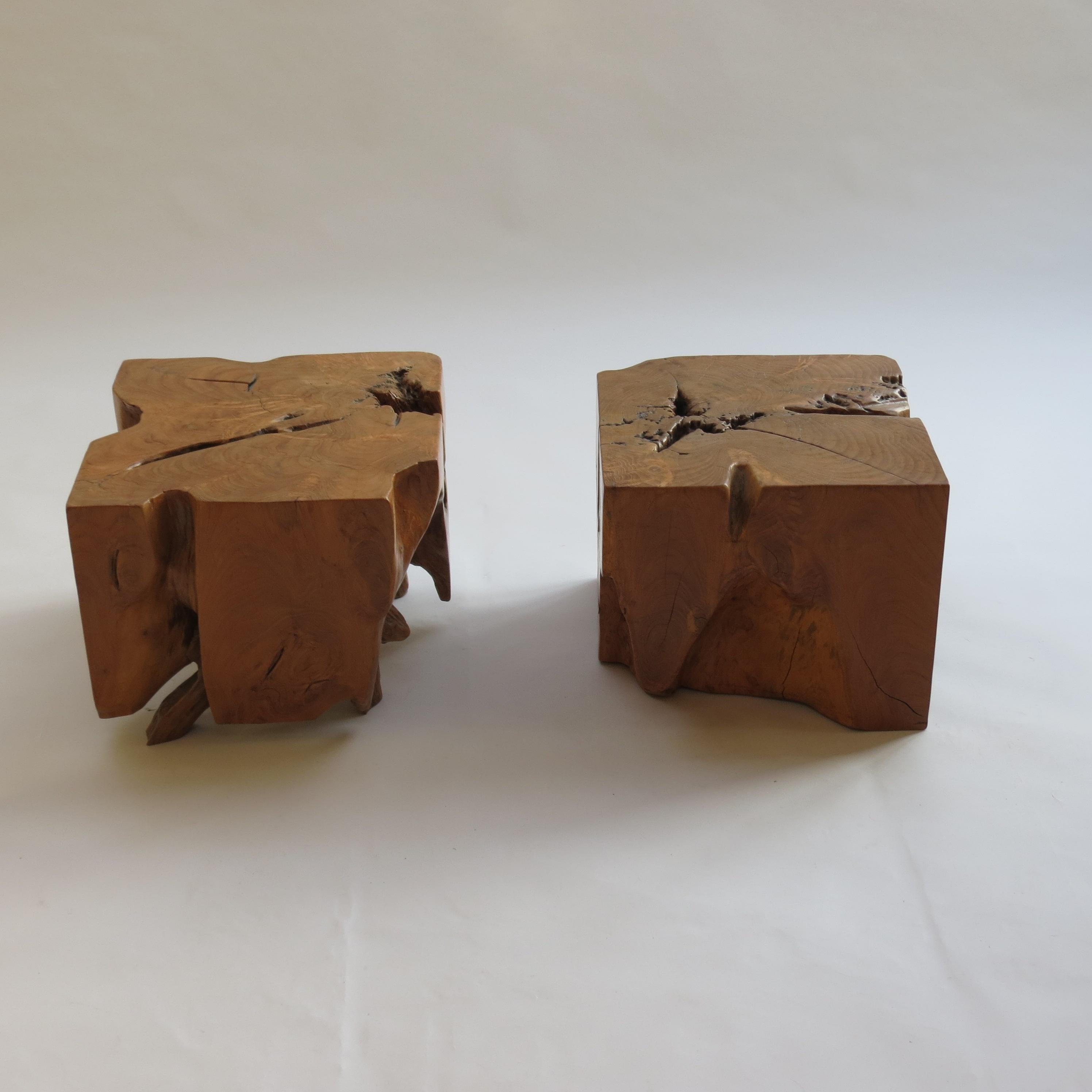 Pair of Organic Naturalistic Chunky Root Teak Cube Side Tables Nightstands 4