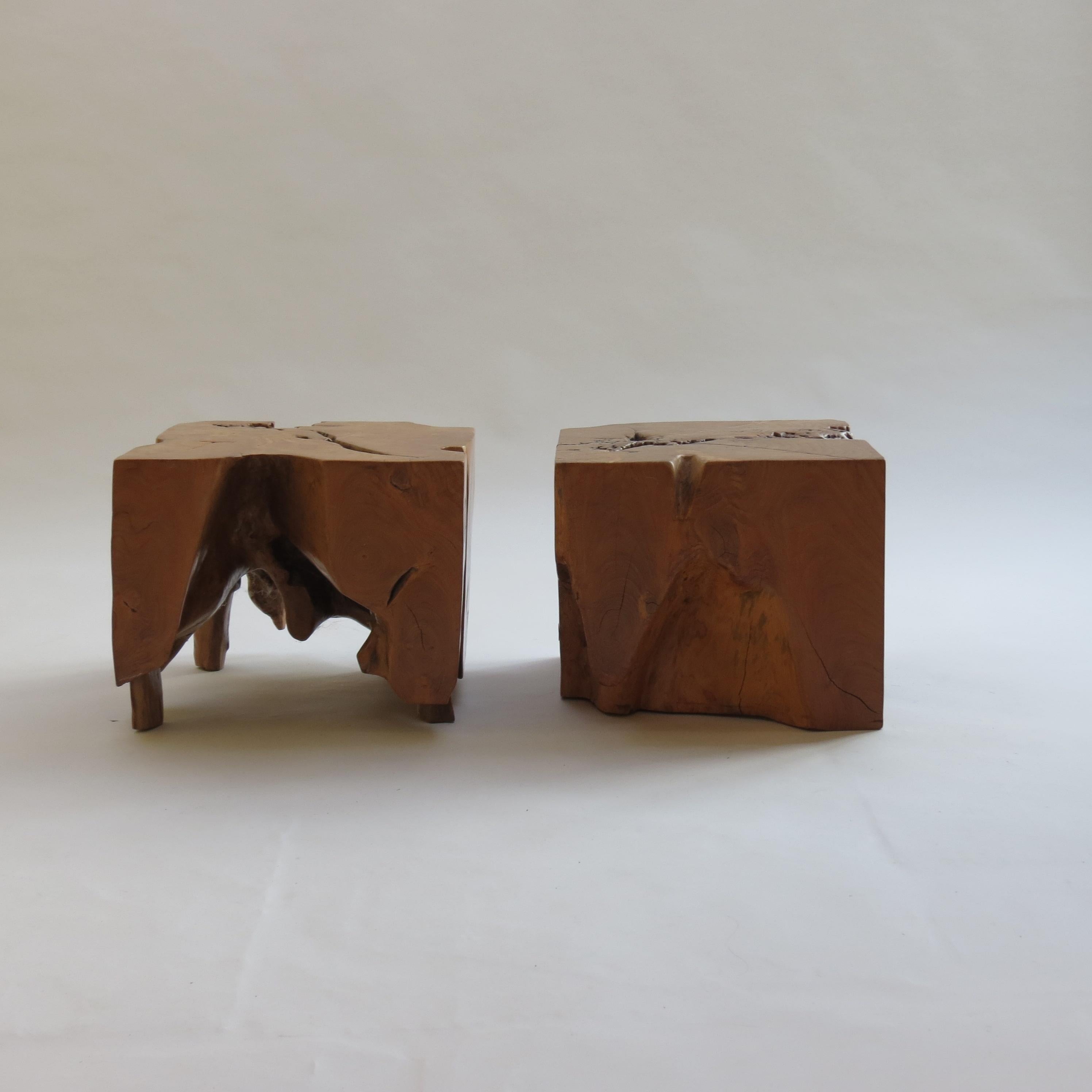 Pair of Organic Naturalistic Chunky Root Teak Cube Side Tables Nightstands 5