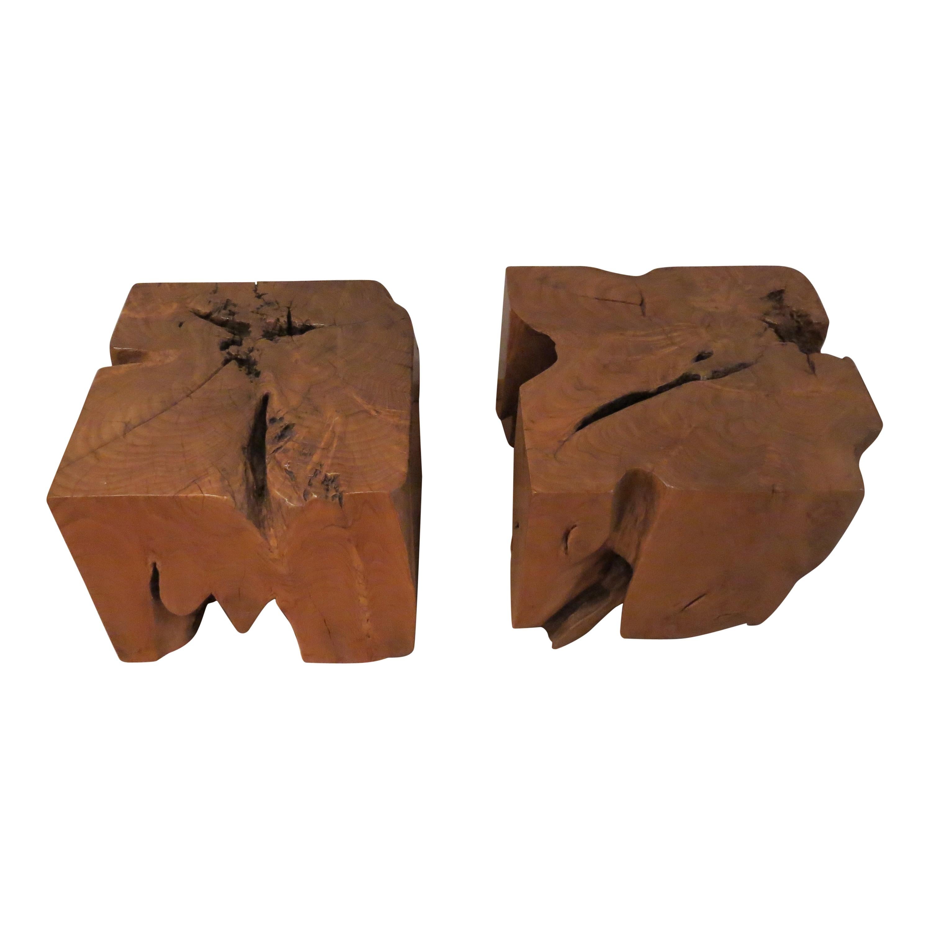 Pair of organic naturalistic chunky root teak cube side tables nightstands.

Very good quality, heavy tables made from solid Teak. Beautiful grain and texture. 

Organic form, the tables vary slightly in size due to their naturalistic form.