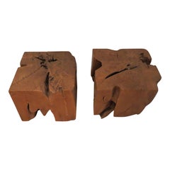 Pair of Organic Naturalistic Chunky Root Teak Cube Side Tables Nightstands