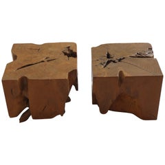 Pair of Organic Naturalistic Chunky Root Teak Cube Side Tables Nightstands