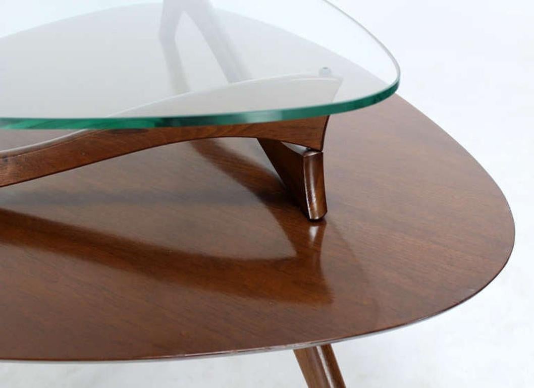 American Pair of Organic Shape Rounded Triangle End Tables with floating  Glass Tops MINT For Sale
