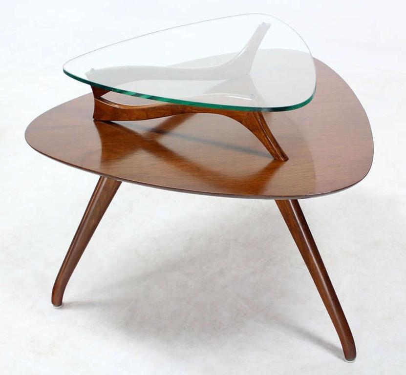 Lacquered Pair of Organic Shape Rounded Triangle End Tables with floating  Glass Tops MINT For Sale