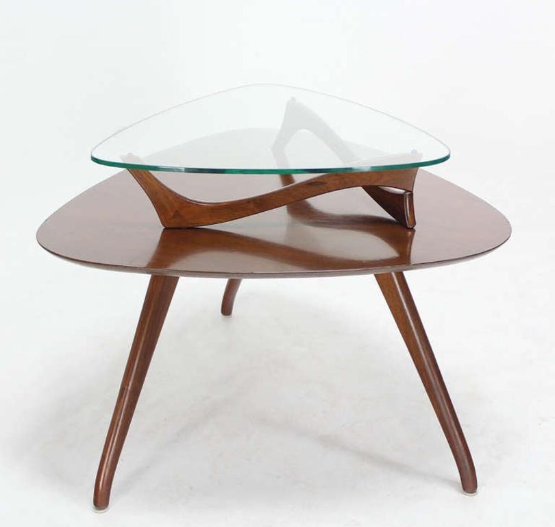 Mid-20th Century Pair of Organic Shape Rounded Triangle End Tables with floating  Glass Tops MINT For Sale
