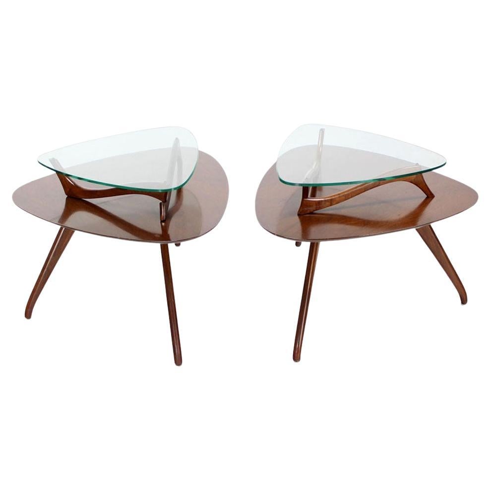Pair of Organic Shape Rounded Triangle End Tables with floating  Glass Tops MINT For Sale