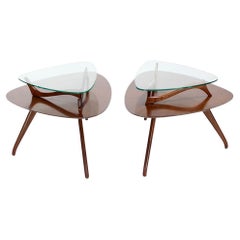 Vintage Pair of Organic Shape Rounded Triangle End Tables with floating  Glass Tops MINT