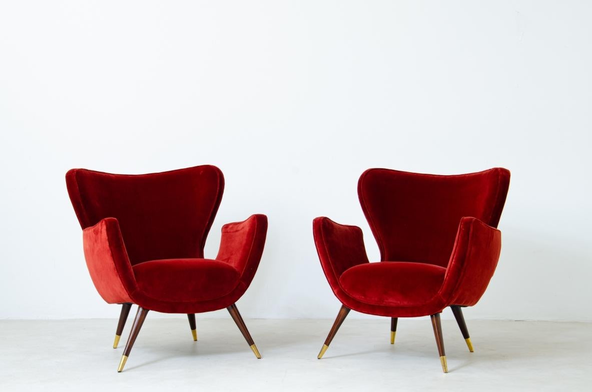 Mid-Century Modern Pair of Organic Shaped Armchairs, Italian Manufacture, 1950s For Sale