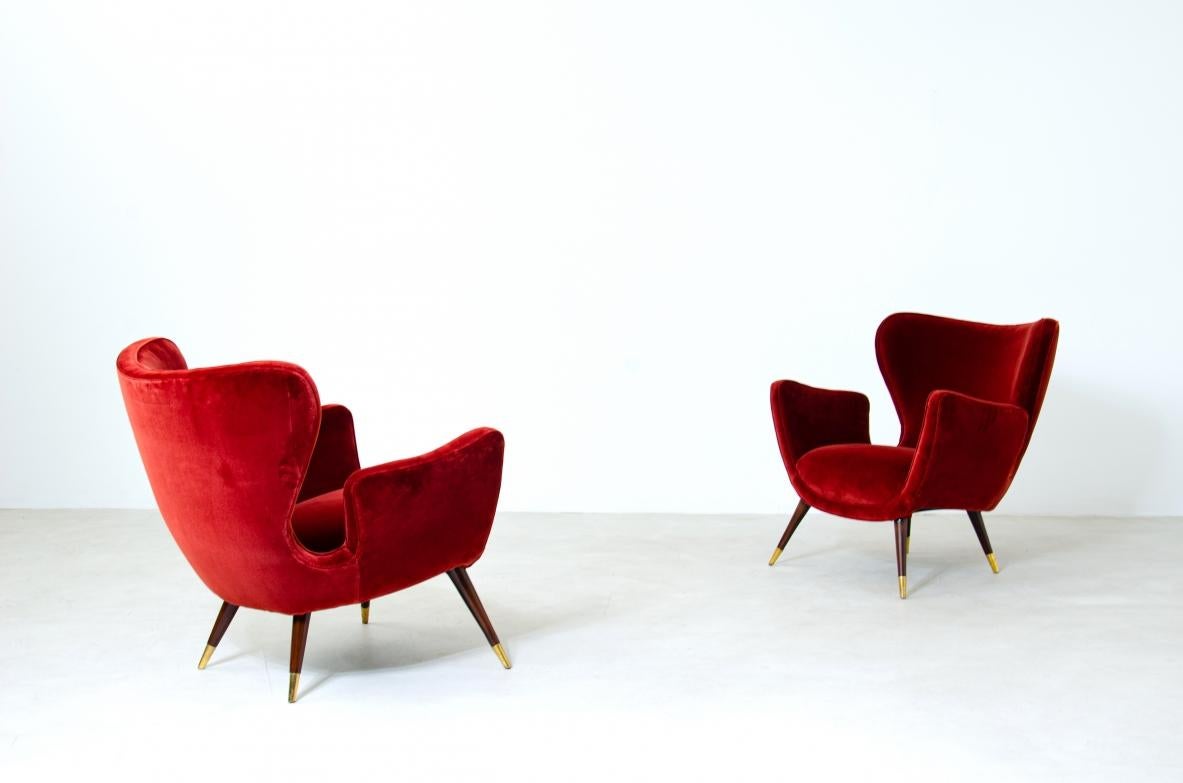 Velvet Pair of Organic Shaped Armchairs, Italian Manufacture, 1950s For Sale