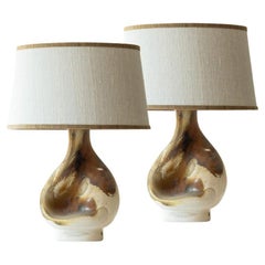 Pair of Organic Shaped Ceramic Table Lamps, Ecru Lampshade by R. Houben, 1960
