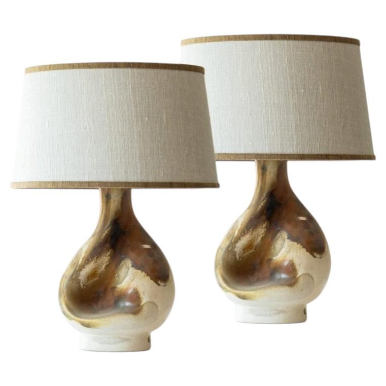 Pair of Organic Shaped Ceramic Table Lamps, Ecru Lampshade by R. Houben, 1960