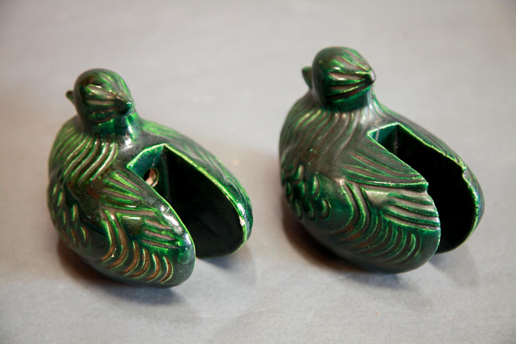 Pair of Oribe Mandarin Ducks Screen Holders, Japanese, Meiji period In Good Condition In Point Richmond, CA