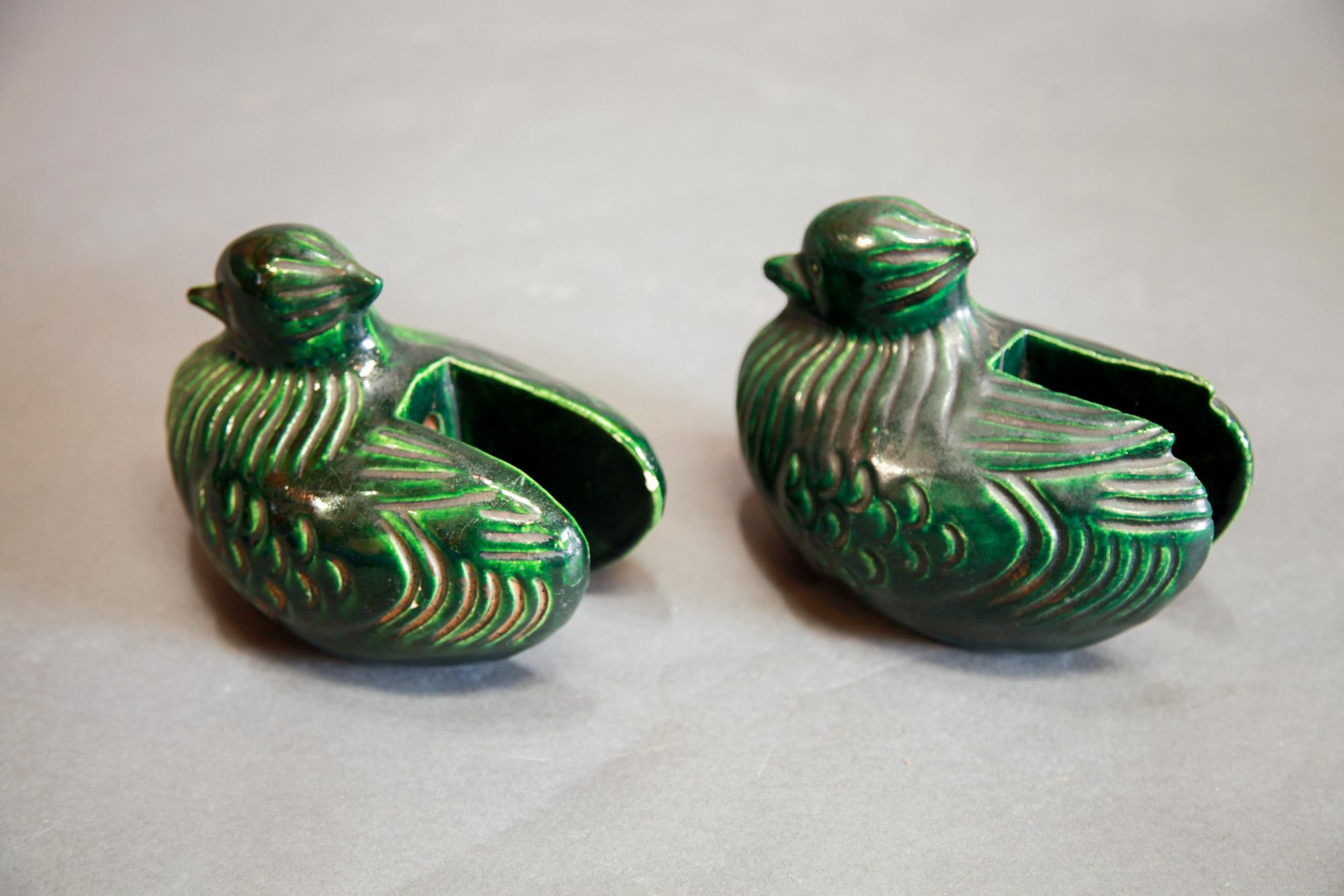 Early 20th Century Pair of Oribe Mandarin Ducks Screen Holders, Japanese, Meiji period