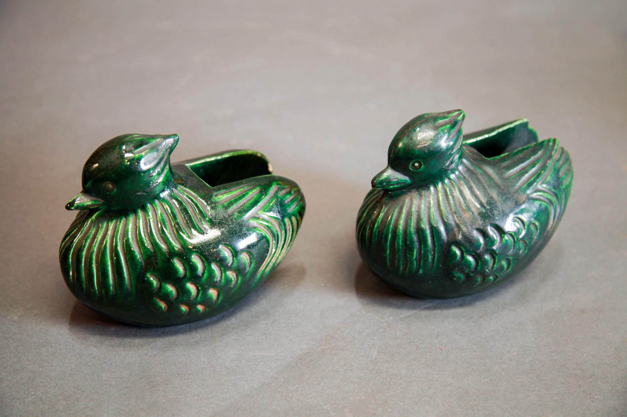 Ceramic Pair of Oribe Mandarin Ducks Screen Holders, Japanese, Meiji period