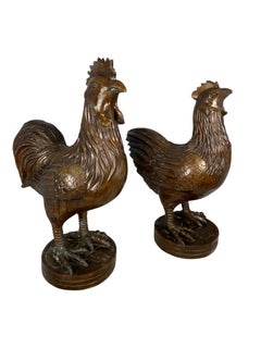 Pair of Oriental Bronze Hen and Cockerel, 20th Century