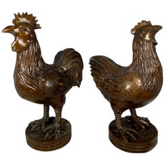 Pair of Oriental Bronze Hen and Cockerel, 20th Century