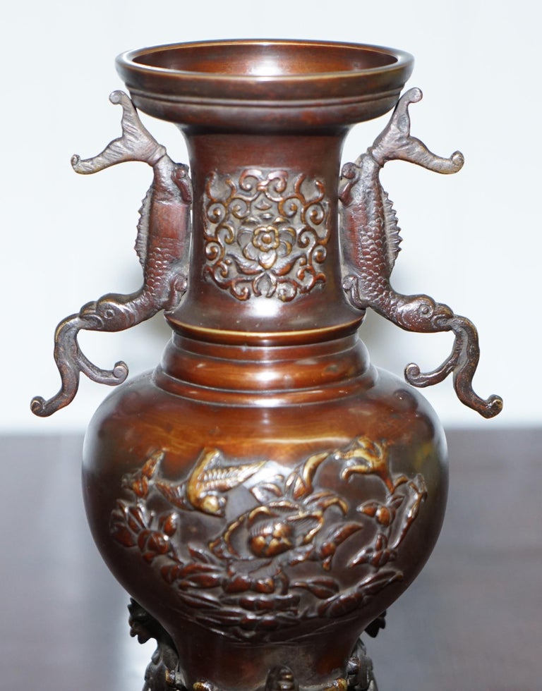 Pair of Oriental Bronze Urns Vases Bird Serpentine Decorations Chinese