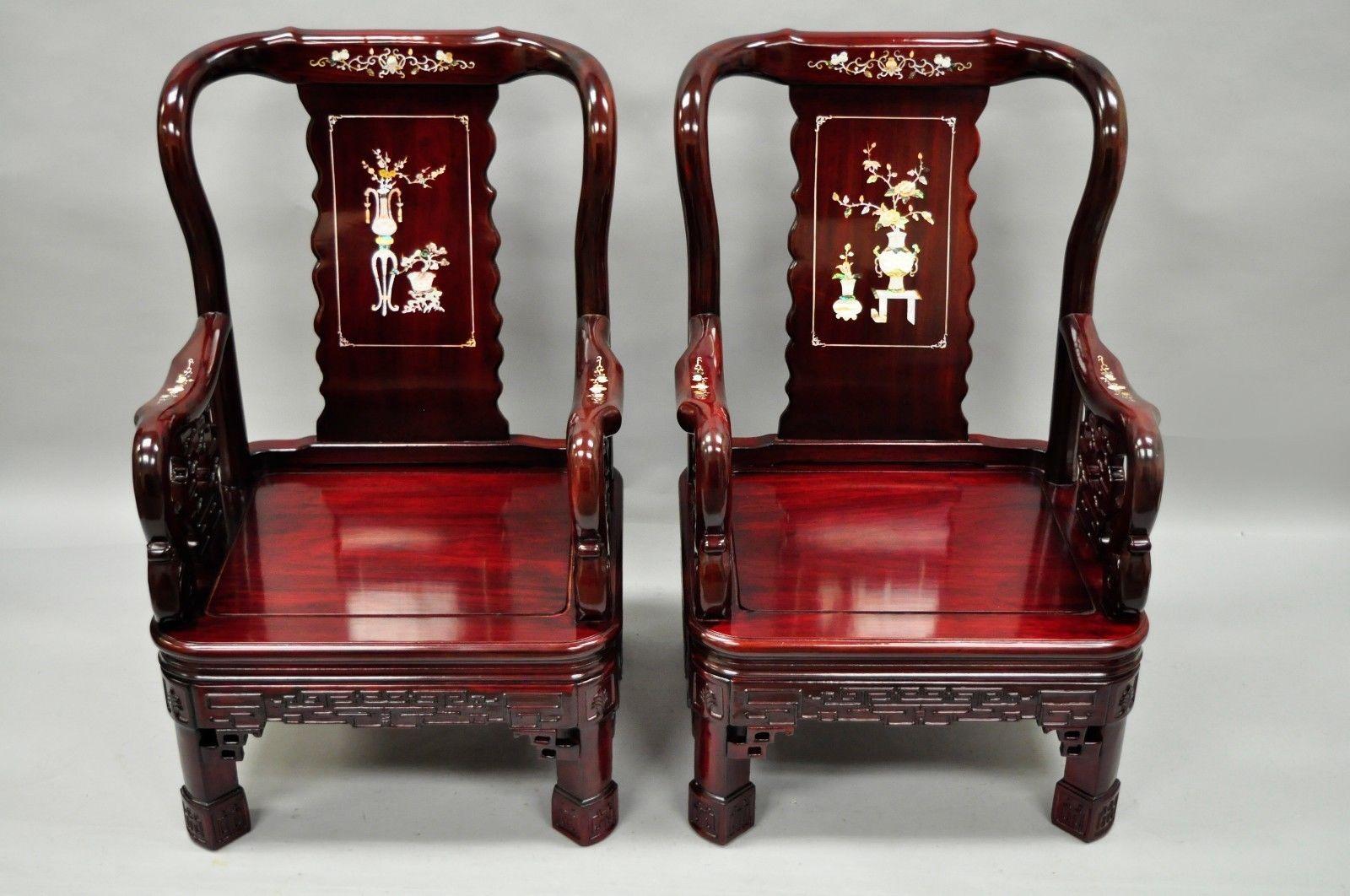 Pair of Oriental Chinese Throne Lounge Chairs Living Room MOP Inlaid Carved Wood For Sale 4