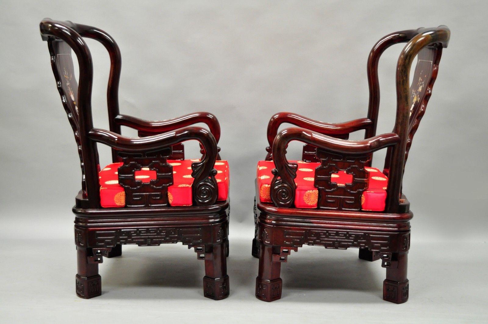 Pair of Oriental Chinese Throne Lounge Chairs Living Room MOP Inlaid Carved Wood In Good Condition For Sale In Philadelphia, PA