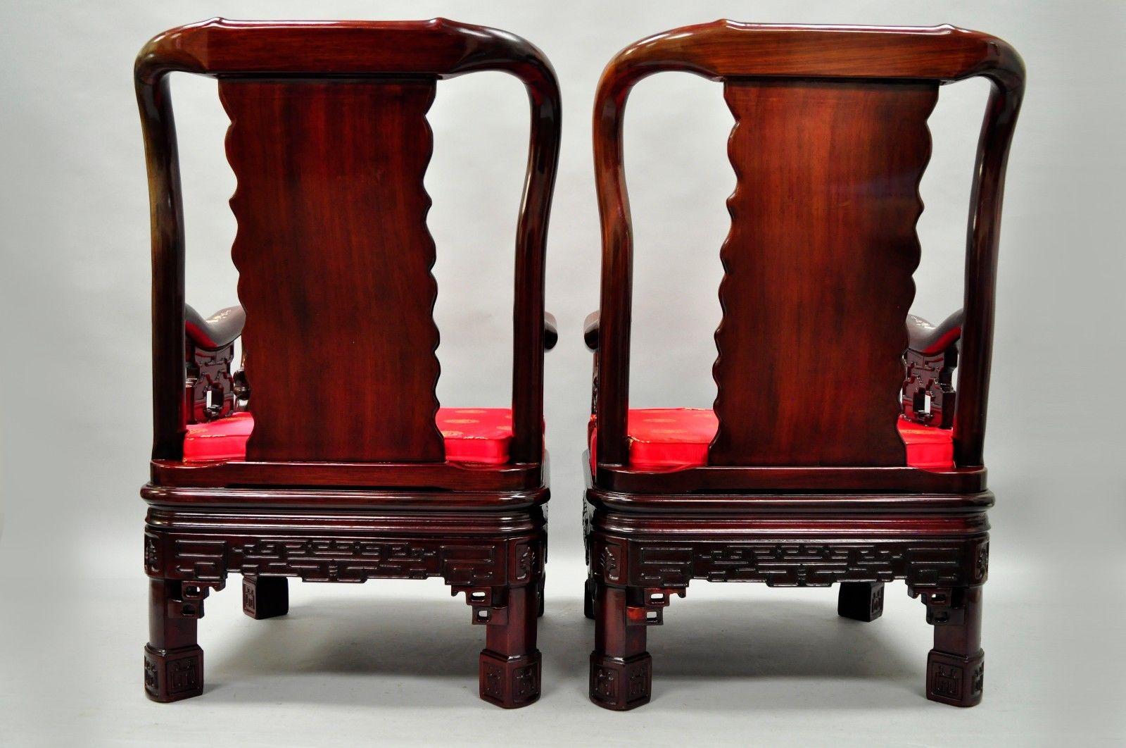 Pair of Oriental Chinese Throne Lounge Chairs Living Room MOP Inlaid Carved Wood For Sale 1