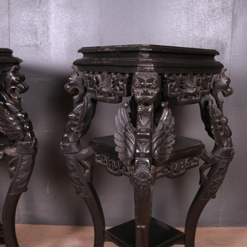 Good pair of oriental ebonized country house pedestals, 1890.
Size of top surface, 14 inches square (36cm)

Dimensions:
21 inches (53 cms) wide
21 inches (53 cms) deep
41 inches (104 cms) high.

 