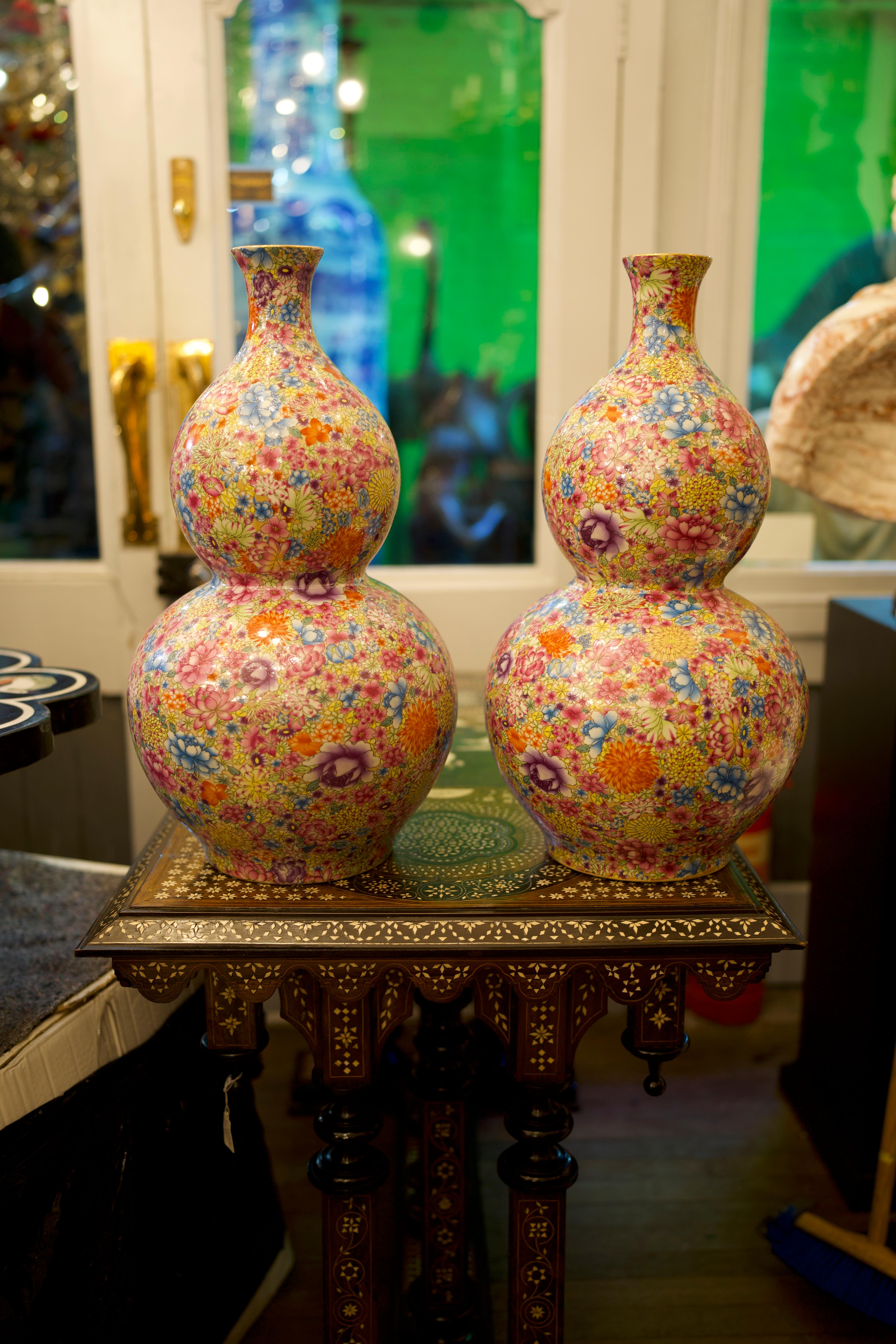 Asian Pair of Oriental Double-Gourd Mille-Fleur Vases, 20th Century For Sale